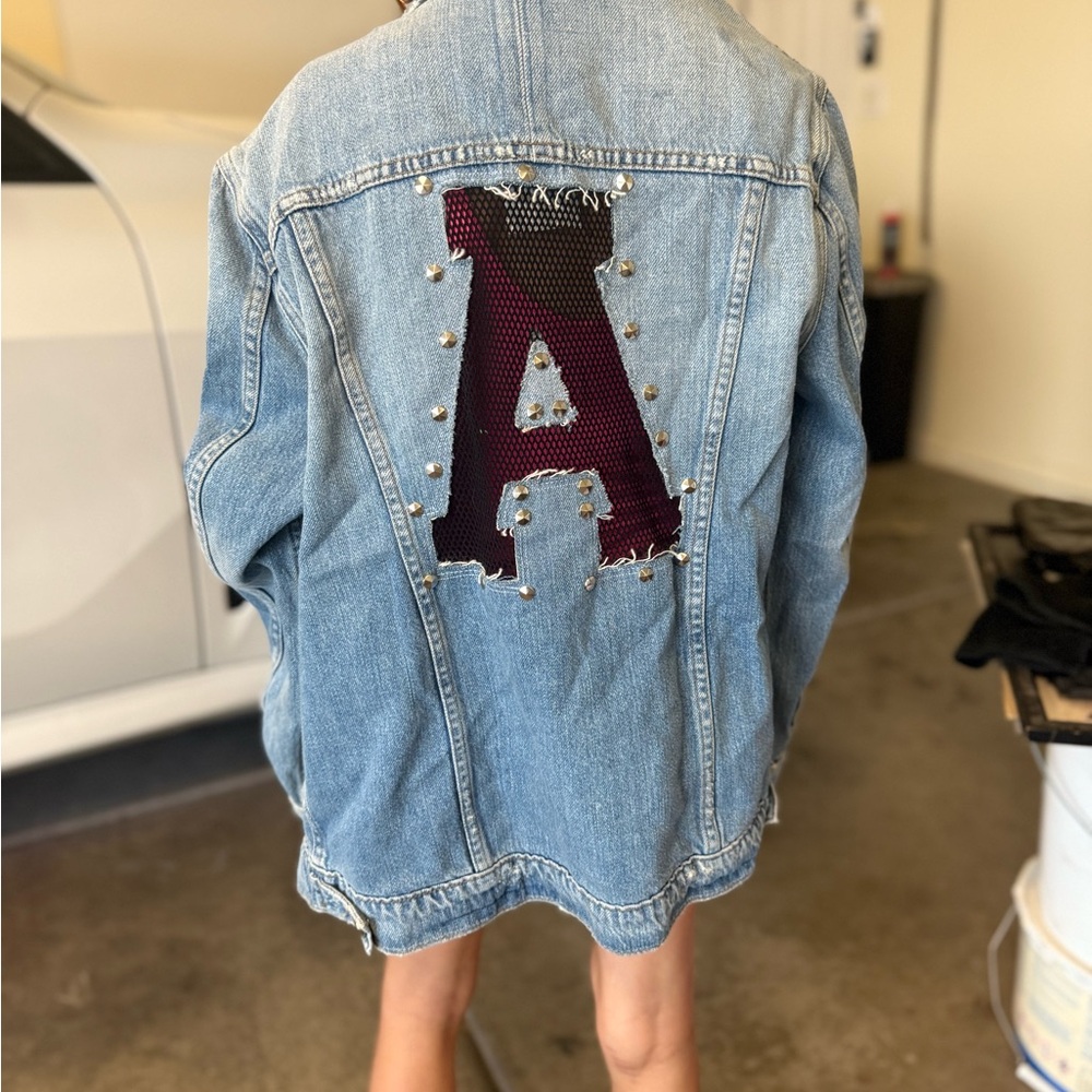 Good American Blue Denim Jacket with Burgundy Patch